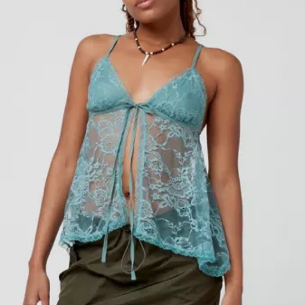 Urban Outfitters Lace tie front top in Teal